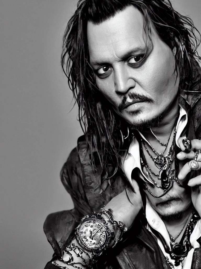 Prompt: portrait of johnny depp in black and white with dior logo, mysterious, inhumane, sauvage detailed, hd, hq, high resolution, high detail, 4 k, 8 k