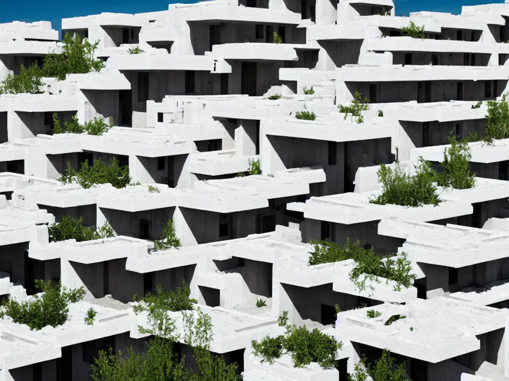 Image similar to habitat 6 7, white lego terraced architecture hotel in the dessert, many plants and infinite pool