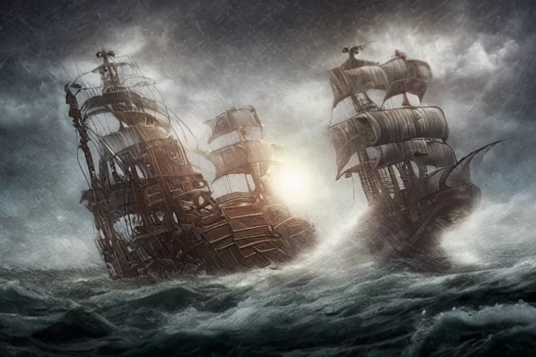 Prompt: epic pirate ship in a storm as cthulhu rises from the sea, in the style of vernon grant and chris van allsburg, trending on artstation, bright tilt - shift camcorder effect, photoshop, retrowave, hyperrealism,