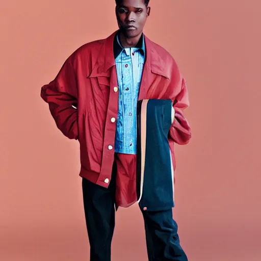 Image similar to realistic photoshooting for a new balenciaga lookbook, color film photography, portrait of a beautiful woman, model wearing a workwear jacket, by photo in style of Tyler Mitchell, 35mm,