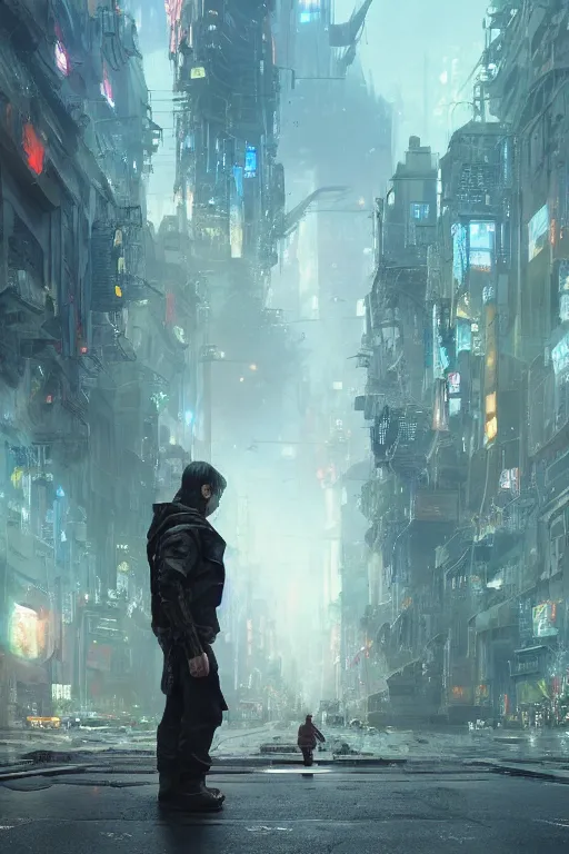 Image similar to a portrait of a small cyborg standing in the middle foreground walking in the street of a great mechanical city by Greg Rutkowski, Sung Choi, Mitchell Mohrhauser, Maciej Kuciara, Johnson Ting, Maxim Verehin, Peter Konig, final fantasy , mythical, 8k photorealistic, cinematic lighting, HD, high details, atmospheric,