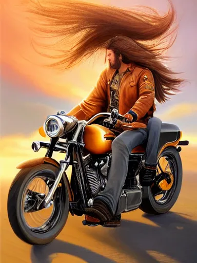 Image similar to handsome man with long hair riding a harley davidson in the wild. intricate, elegant, highly detailed, digital painting, artstation, cinematic shot, concept art, sharp focus, illustration, by justin gerard and artgerm, 8 k