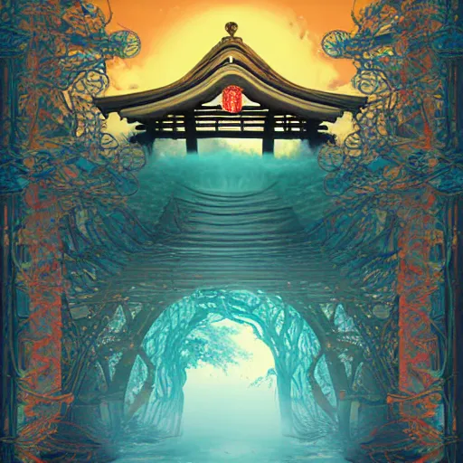 Prompt: infinite majestic shinto shrine portal dark gate magic door pyromancer mage : : 1 full of colorpalette rippled layers, clouds, vines, swirls, curves, ultra fine detail, swirling clouds, artstation trending, art nouveau, raytracing,