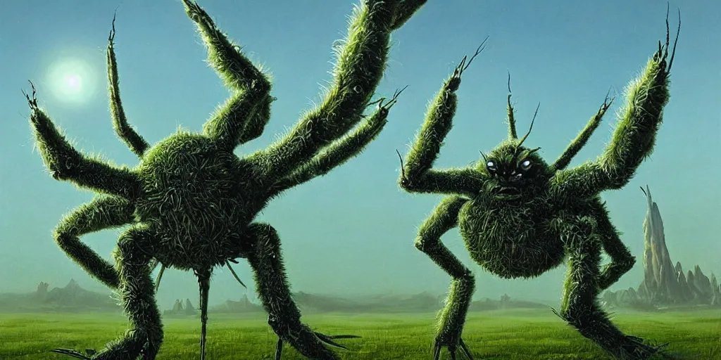 Prompt: “ ominous sci - fi spider crab white fuzzy fungus monster kaiju with spider - like legs, towering above a green rural country landscape by gerald brom ”