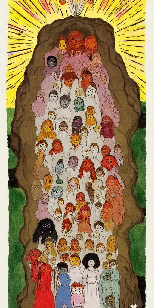 Prompt: small impish joyful creature in white robe with glowing eyes and sun ray flame hair holding lit matches and singing, three sisters visiting, The Queen in the Cave Children's book illustration, traditional folk art style, gouache on paper, outsider art, David Palladini, Mu Pan, Carson Ellis, Julia Sarda, tarot card, Henry Darger, Louis Wain