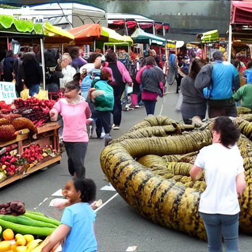 Image similar to giant worm attacking a farmers market, crowd fleeing, horror,