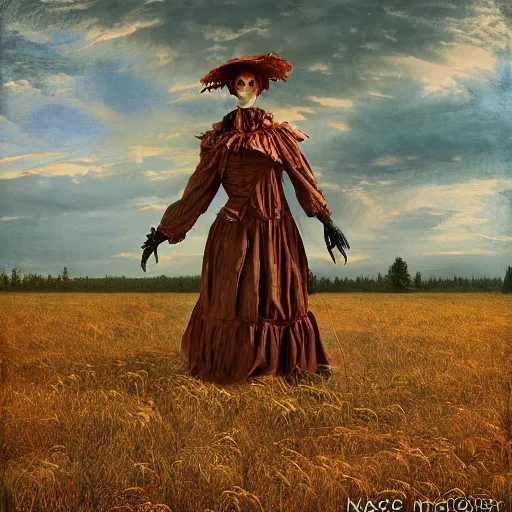 Prompt: female scarecrow hyper realistic, elegant, ornate, elite, horror, creepy, ominous, haunting, cinematic lighting, metal plate photograph, unreal engine, symmetrical, cinematic centered camera, high detail by Isaac Levitan, Frederic Church and Vasily Perov