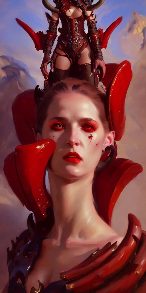 Image similar to painted close - up portrait of a attractive red - skinned intimidating demon cyborg girl with ram horns! oil painting, wearing a noblewoman's outfit, fantasy art by john singer sargent and gaston bussiere and james jean and greg rutkowski, demon noble character design, hd