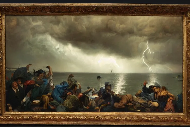 Prompt: a bereaved artist as his canvas gets struck by lightning, oil painting, extremely detailed, museum art