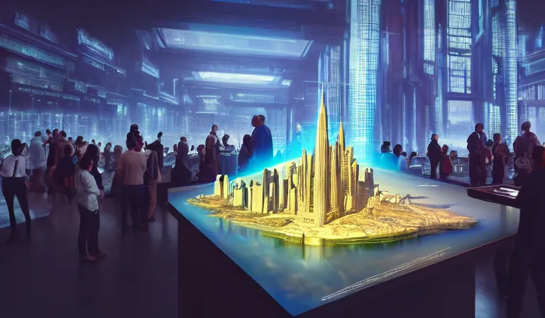 Prompt: crowd of people in large open museum, looking at hologram of futuristic city on a table, cinematic concept art, godrays, golden hour, natural sunlight, 4 k, clear details, tabletop model buildings, center model buildings, hologram center, crane shot, crane shot, crane shot