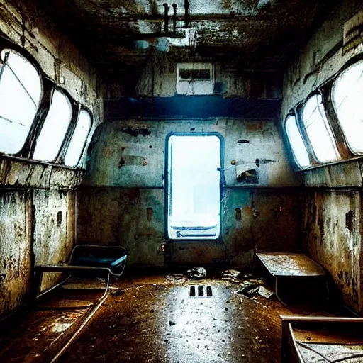 Prompt: inside an narrow quarter room of an abandonned ussr uboat, dim lighting with very small lightrays, comming, concept art, 4 k, hd, art station trending, sergii ivanchenko, sharp and highly detailed