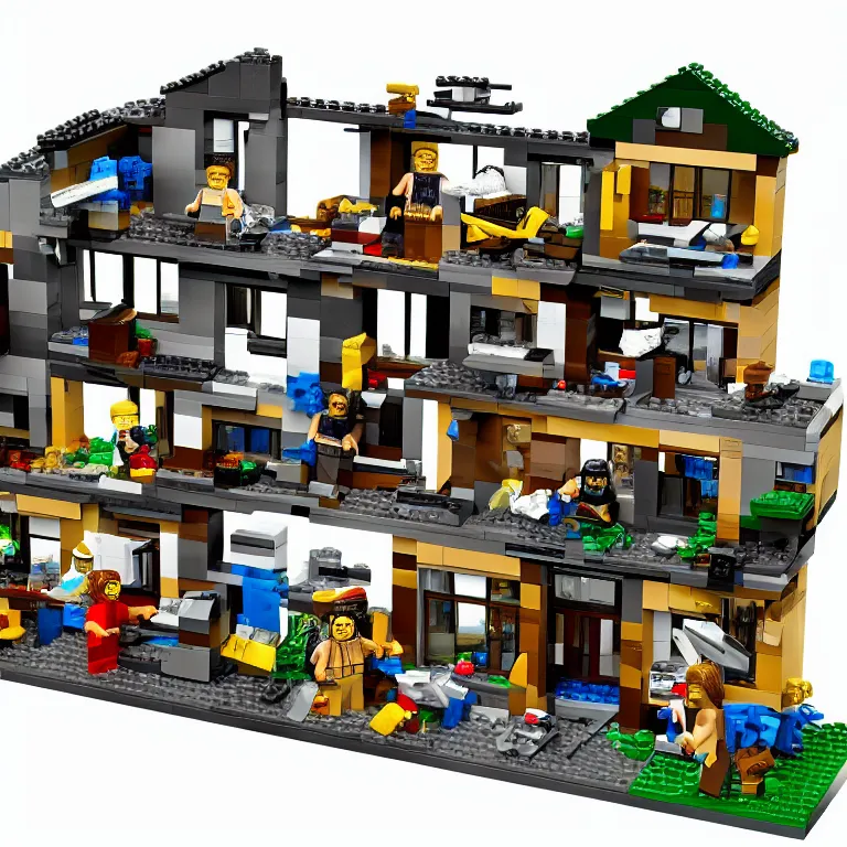 Image similar to fbi raid osama bin laden's final hideout in abbottabad, pakistan lego set product marketing, photorealistic, studio lighting, highly detailed