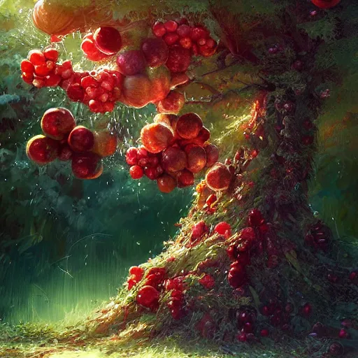 Prompt: tree made of fruits, by stanley artgerm lau, wlop, rossdraws, james jean, andrei riabovitchev, marc simonetti, yoshitaka amano, artstation, cgsociety