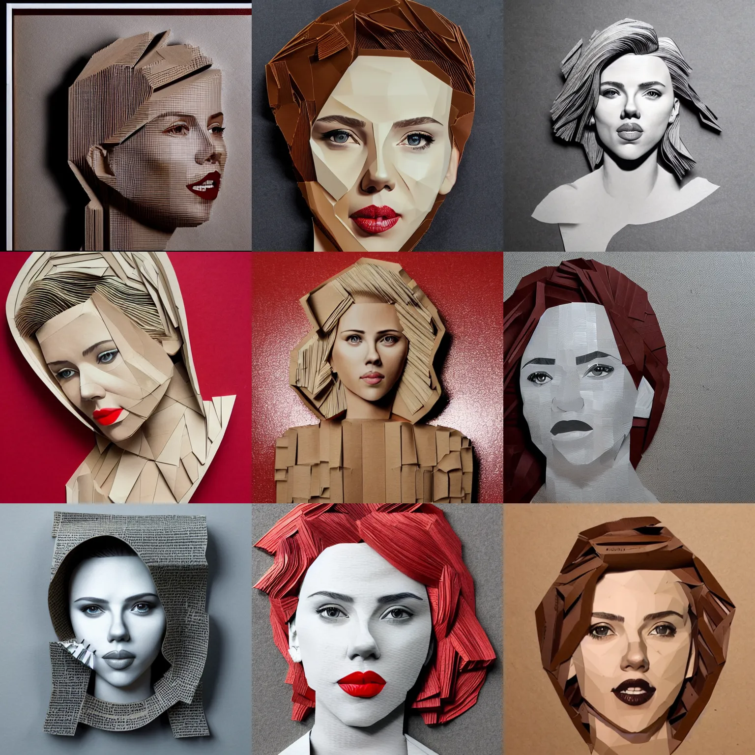 Prompt: scarlett johansson made out of cardboards, paper cut out, photorealistic, photo, product, 4 k, gallery