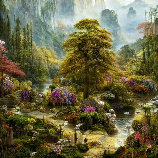 Prompt: a beautiful and highly detailed matte painting of a fantasy floral garden in a fantastic forest in the lush valley high in the most epic mountains ever, intricate details, epic scale, insanely complex, 8 k, sharp focus, hyperrealism, very realistic, by caspar friedrich, greg rutowski, james gurney