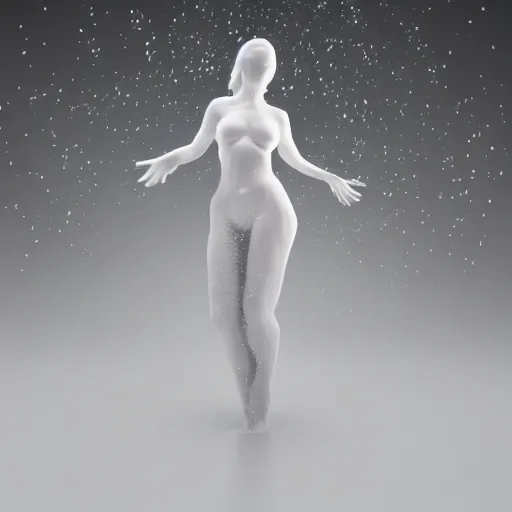 Image similar to 3 d fluid simulation render, octane render, xparticles, white colors, female bodies, female body covered in white blanket, white carved abstract sculpture, amethyst mineral quartz, swirly curls, abstract white fluid, golden edges and fractals, cold colors, artstation,