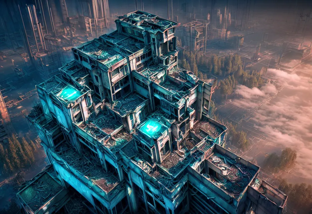 Image similar to A highly detailed crisp unreal engine render of aerial drone photo of A beautiful futuristic cyberpunk abandoned city building with neon fine lights, plants allover , godray, sunlight breaking through clouds, clouds, debris on the ground, abandoned machines bright colors, isometric, nitid horizon, factory by wangchen-cg, 王琛,Neil blevins, artstation, Gediminas Pranckevicius