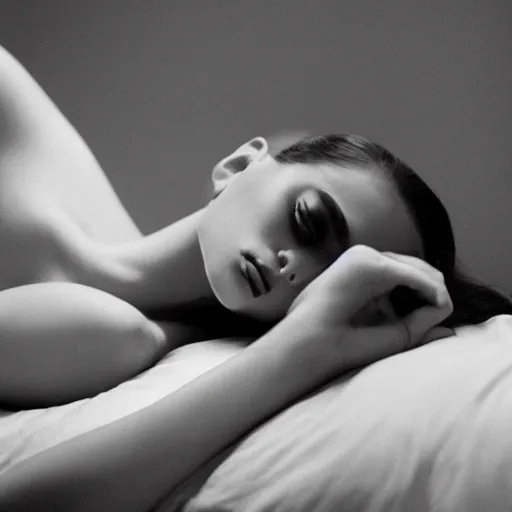 Prompt: black and white Vogue photograph, highly detailed portrait of a depressed girl drug dealer lying in bed, detailed face looking into camera, eye contact, natural light, mist, fashion photography, film grain, soft vignette, sigma 85mm f/1.4 1/10 sec shutter, Darren Aronofsky film still promotional image, IMAX 70mm footage