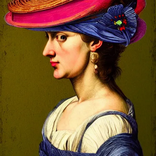 Prompt: detailed maximalist half-lenght portrait of a thinking woman with an laborate interesting hat. 8x HD mixed media 3D collage in the style of Caravaggio, hyperdetailed childbook illustration in vibrant pastel tones. colourful matte background no frame