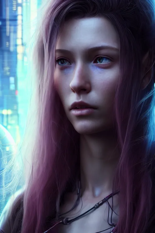 Image similar to a portrait of a beautiful 28th century super cool post-human female very young with long hair, barely human and largely biomechanical cyberpunk, hyper-realistic, very detailed unreal engine, by Artgerm, WLOP and Ross Thran, dramatic cinematic lighting rendered by octane, 8k, detailed, trending on artstation, deviantart google images, pinterest