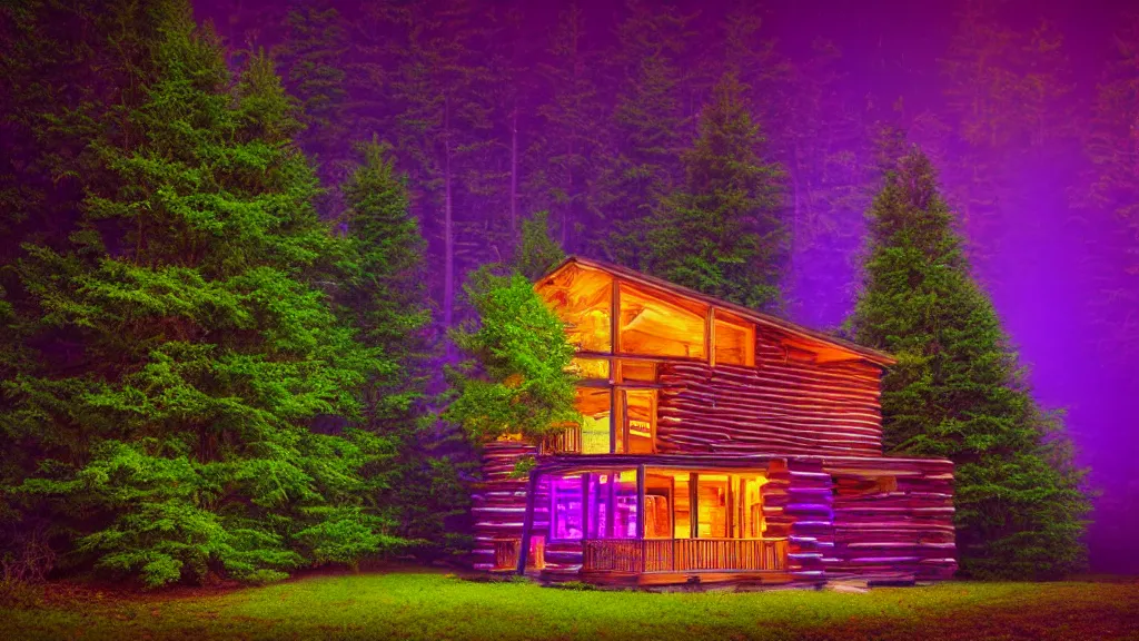 Prompt: portrait of an ethereal vaporwave log cabin made of golden purple and green light, evergreen forest, divine, cyberspace, mysterious, high-contrast, 4k, award-winning photograph