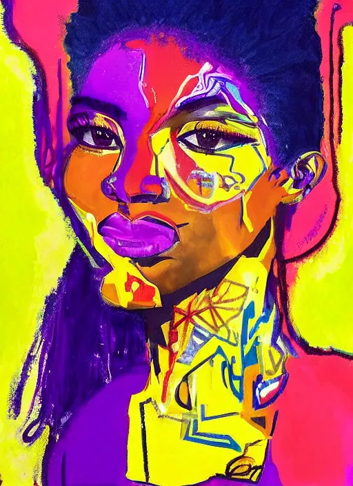 Prompt: “Painted etherial African American that looks like Emmy Raver-Lampman and Jada Koren Pinkett Smith ladies of purple and gold a face of beauty that sight to behold a pleasing completion of images to share a live of the universe under her care the light shines so brightly in her sight reflecting to all her will and her might. Basquiat + pop art + speed painting + HDR + vaporwave + painterly illustration + by Gerald Brom, James Jean, Craig Mullins, Alphonse Mucha, Mike Mignola, Akihiko Yoshida + intense atmosphere, intricate, ornate details, detailed Illustration, symmetry”