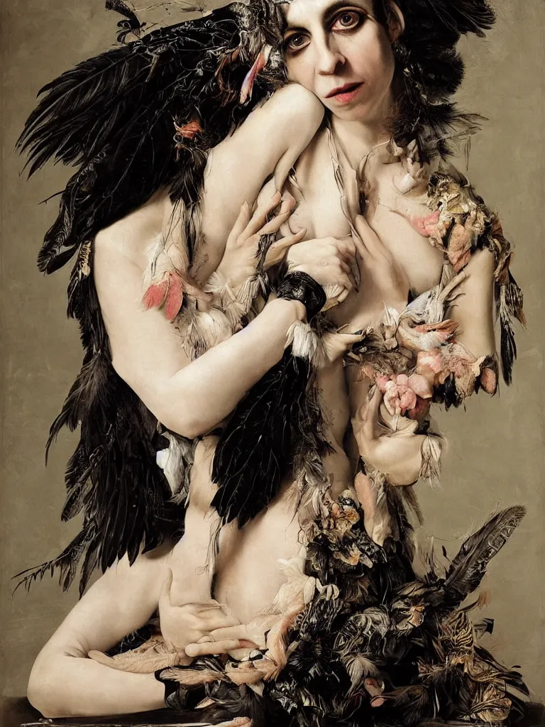 Prompt: Detailed maximalist stunning portrait of PJ Harvey with cracked porcelain skin, dark doe eyes, feathers and milks, HD mixed media, 3D collage, highly detailed and intricate, masterpiece, award-winning, surreal illustration in the style of Caravaggio, dark art, baroque