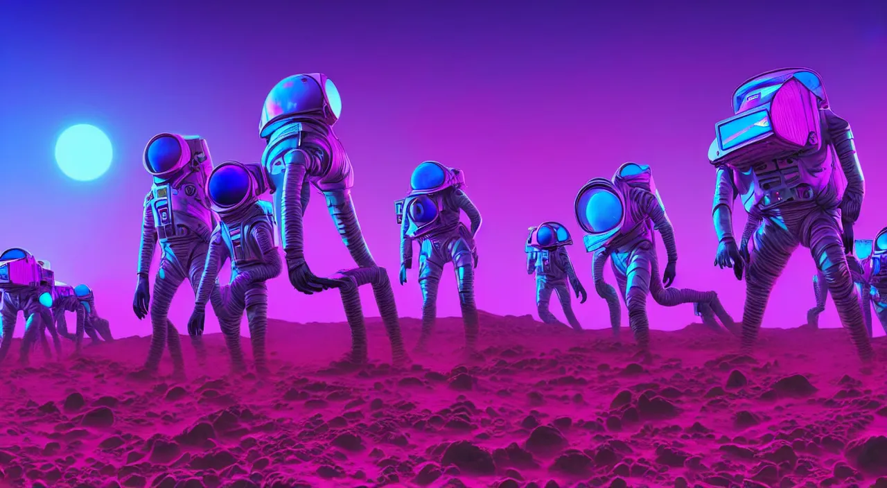 Image similar to hyper detailed neo-surreal neon purple and blue propaganda poster of mars workers from the 2050s cinematic lighting 8k wide angle shallow depth of field