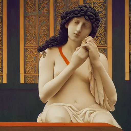 Image similar to close - up of a girl in a temple, film still by wes anderson, depicted by canova, limited color palette, very intricate, art nouveau, highly detailed, lights by hopper, soft pastel colors, minimalist