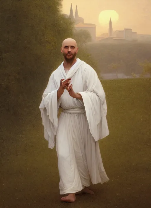 Image similar to oil painting portrait of a tonsured dominican monk in a white habit, striding dancing through a flourishing garden at sunset with a monastery in the background, hazy, digital art, chiaroscuro, artstation, cinematic, golden hour, digital art painting by greg rutkowski, william - adolphe bouguereau, hazy atmosphere, flowers, cinematic lighting