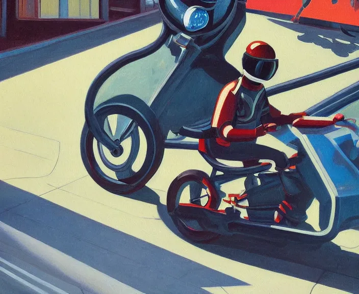 Image similar to a very detailed painting of a astronaut wearing a suit, riding a motorbike down a street, harley davidson motorbike, worm's - eye view, very fine brush strokes, very aesthetic, very futuristic, in the style of edward hopper and grant wood and syd mead, 4 k,