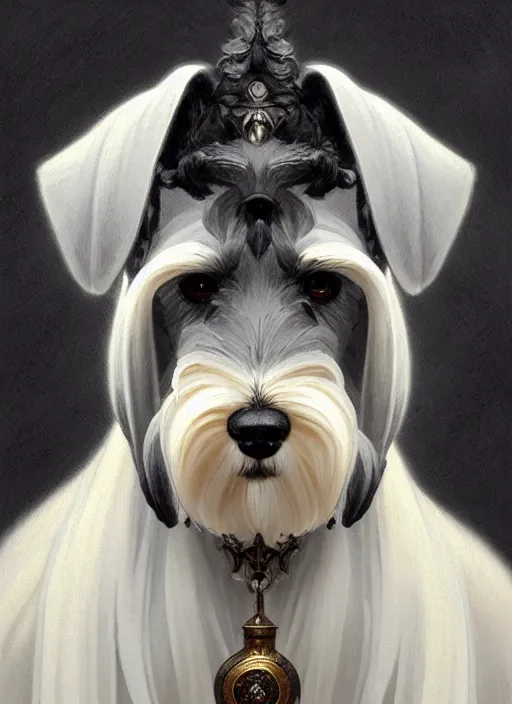 Image similar to portrait of stoic looking miniature schnauzer, black fir, white eyebrows, fantasy, intricate, elegant, highly detailed, centered, dark, smoke, digital painting, artstation, concept art, smooth, sharp focus, illustration, art by artgerm and greg rutkowski and alphonse mucha