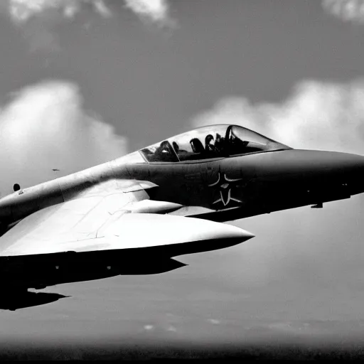 Image similar to fighter jet from the 5 0 s beautiful clouds in the background, grainy footage, black and white