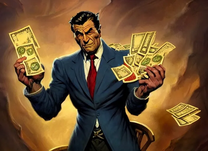 Image similar to magic : the gathering fantasy character concept art of the great businessman by frank frazetta, high resolution. a clear portrait of powerful, business man wearing a business suit, holding a wad of money made out of bread, bread bucks, bread shaped like dollar bills, magical bread and toast money swirling around, fantasy coloring, intricate, digital painting, artstation, smooth, sharp focus