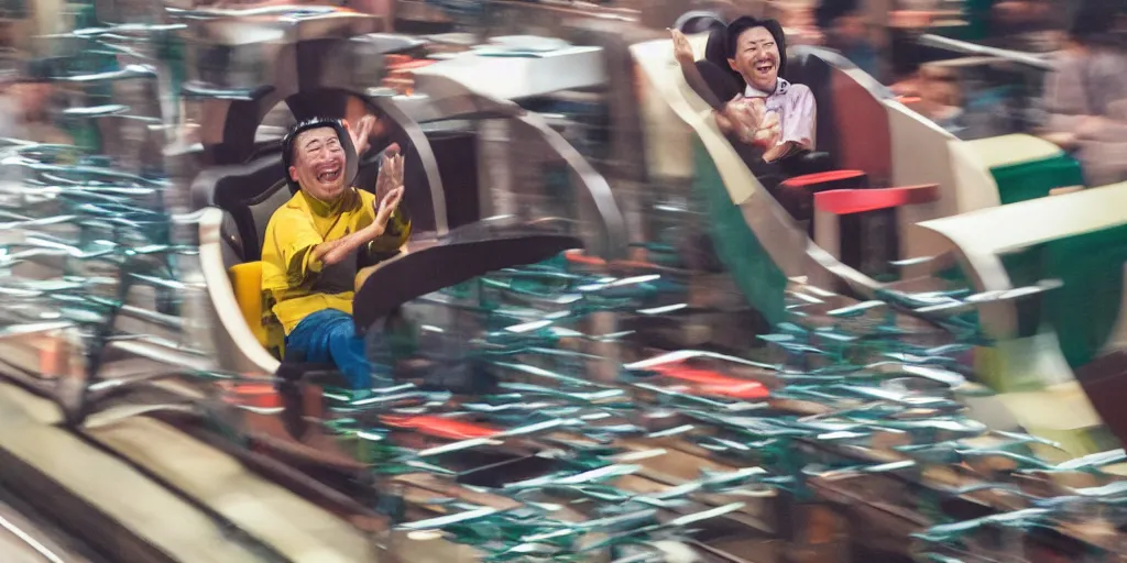 Image similar to a man with a bibimbap head riding a roller coaster