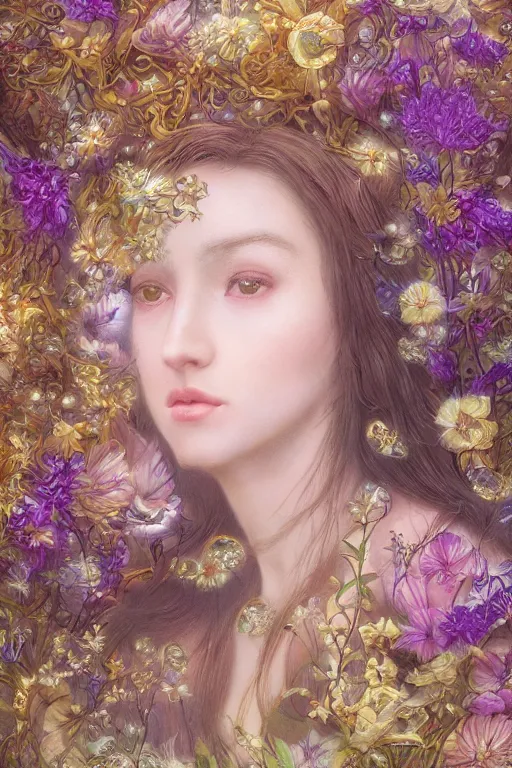 Image similar to elaborately detailed close up portrait of an extremely beautiful girl with long dark hair surrounded by flowers, an eerie mist and ethereal rainbow bubbles, Aetherpunk, high fantasy professionally painted digital art painting, fantasy matte painting movie poster, Art Nouveau, smooth, sharp focus, atmospheric lighting, highly detailed illustration highlights, backlight, golden ratio, 8K detail post-processing, symmetrical facial features, rich deep moody colors, majestic, dark epic fantasy, award winning picture, sense of awe, featured on DeviantArt, trending on cgsociety