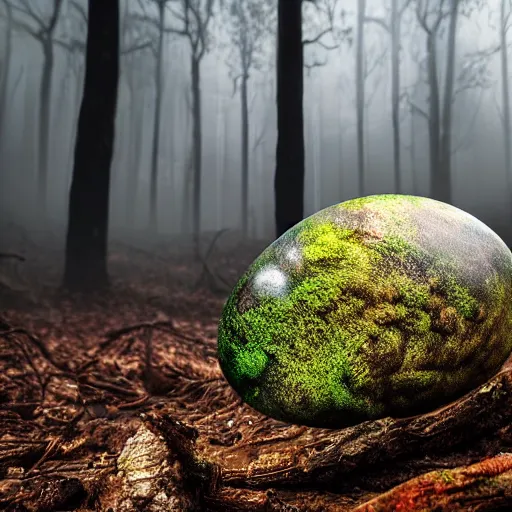 Prompt: dinosaur egg hatched in a mossy forest during a thunderstorm, glossy, hyperrealistic, high detail, professional picture, mysterious, dark colors, high contrast