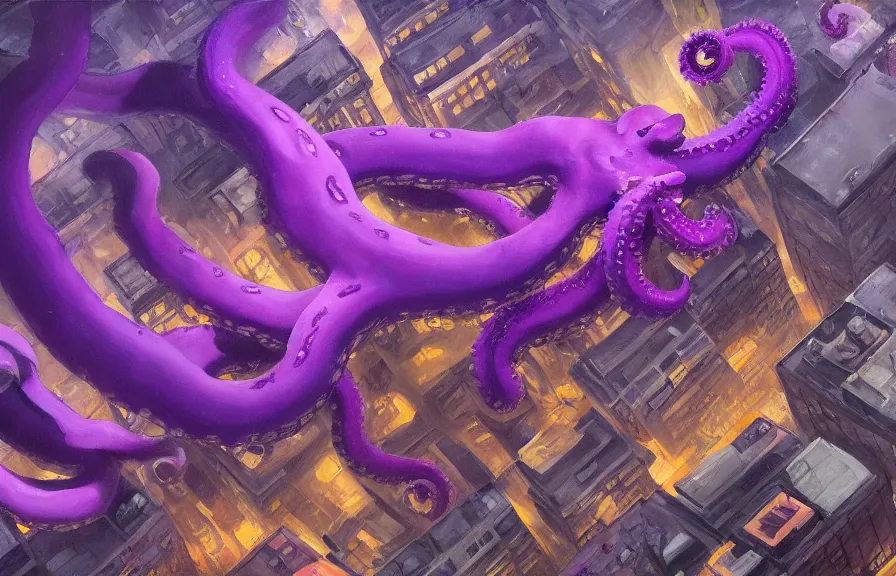 Image similar to aerial!!!! view looking down on a giant purple octopus monster moving through!!! buildings in a dark, dim, detailed city, extremely detailed!!! oil painting, dull palette, dramatic lighting, trending on artstation