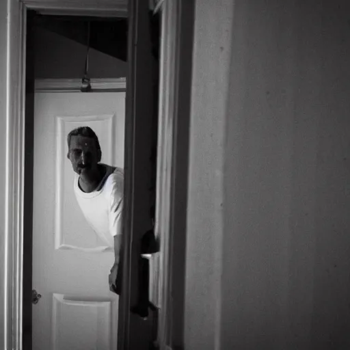 Prompt: The last man on earth hears a knock on the door. Film Noir. High Contrast. Black and White.