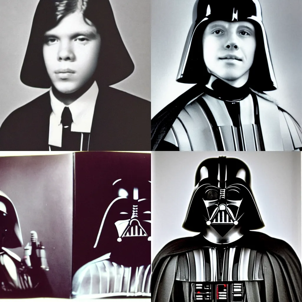 Prompt: highschool yearbook photo of Darth Vader