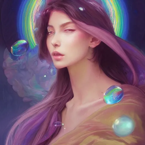 Image similar to dream portrait of a transformer , dreamy and ethereal, expressive pose, big pink eyes, exciting expression, fantasy, intricate, elegant, many rainbow bubbles, rose tones, highly detailed, digital painting, artstation, concept art,cyberpunk wearing, smooth, sharp focus, illustration, art by artgerm and greg rutkowskiand alphonse mucha, Salvador Dali