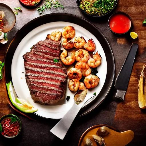 Prompt: high - quality studio advertising photography of delicious mouthwatering sizzling seasoned steak next with sauteed shrimp and mushrooms, rembrandt, lighting, spot lighting, hdr, 4 k