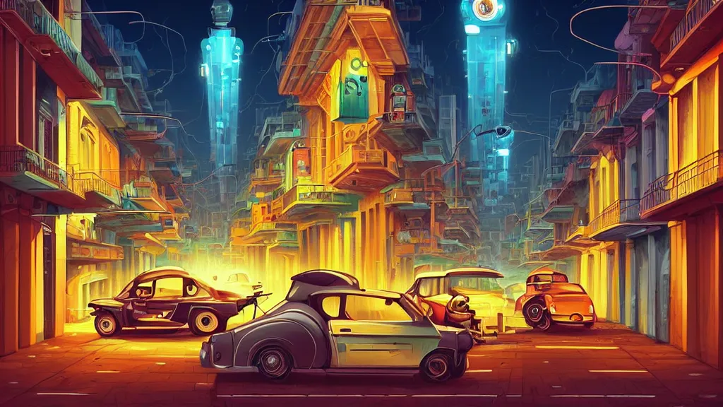 Prompt: street view of futuristic robot havana city at night by cyril rolando and naomi okubo and dan mumford and ricardo bofill. robots. robots walking the streets. advertisements for robots. robotic elegant lamps. robotic classic car.