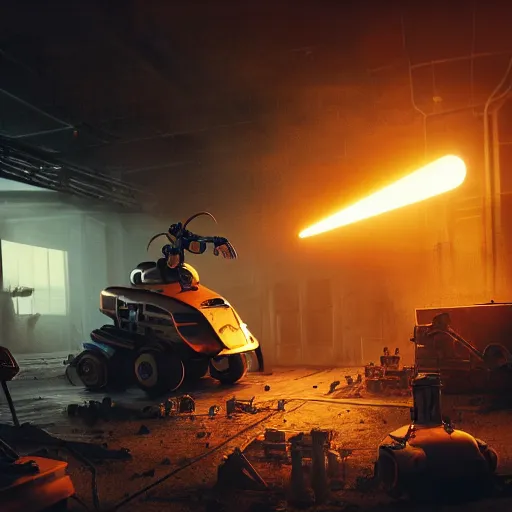 Image similar to toaster oven robot, mechanical, machine, octane render, sharp focus, hyper - realistic, intricate, detailed, eduard pronin, luka mivsek, ruan jia, dark messy smoke - filled cluttered workshop, dark, dramatic lighting, orange tint, sparks, cinematic, highly detailed, sci - fi, futuristic, movie still