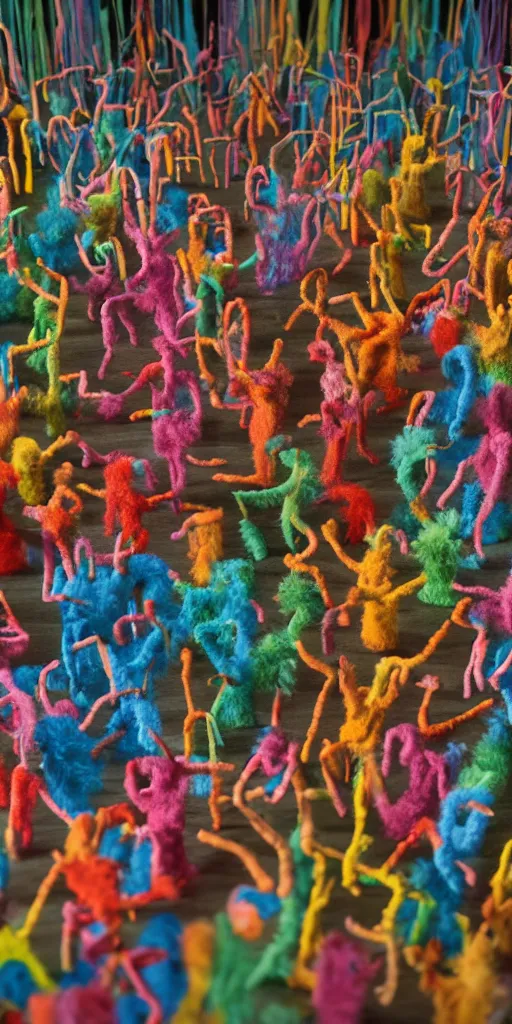 Prompt: group of giant rainbow-colored people dancing in a forest made out of fluffy pipecleaners in the style of Jean-Michel Basquiat, 3D cinematic lighting, spotlight at a 90 DEGREE ANGLE, photorealism, octane render, depth of field, 8k, 35mm, artgem, Trending on artstation