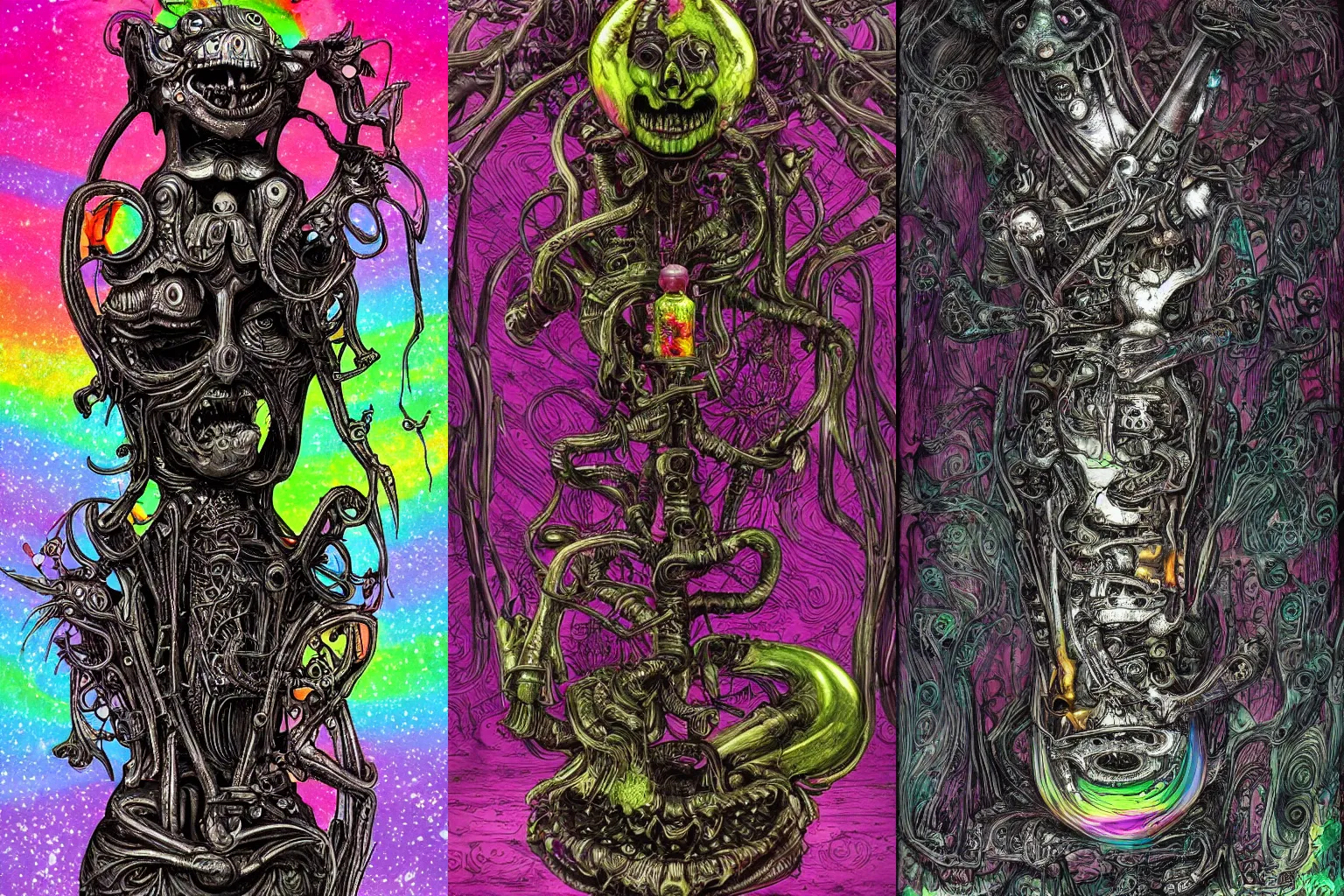 Prompt: a very nice and good happy friendly bong in the style of giger, happy atmosphere, hello kitty, rainbow color scheme, very detailed