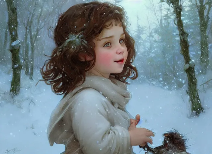 Image similar to A cute little girl with short curly brown hair and blue eyes, a round cherubic face and a happy expression. She is standing in a snowy forest trying to catch snowflakes. beautiful fantasy art by By Artgerm and Greg Rutkowski and Alphonse Mucha, trending on artstation.