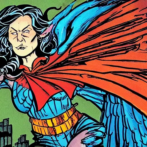 Prompt: a female wizard with wings snarls at her superhero enemy, by todd mcfarlane