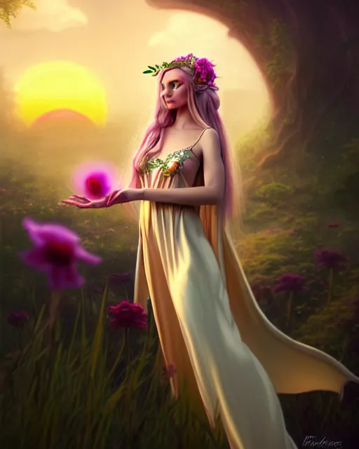 Image similar to photo of elf in long satin evening dress, flowers in hair, fantasy character portrait, soft clouds, floral sunset, ultra realistic, concept art, intricate details, cinematic, highly detailed