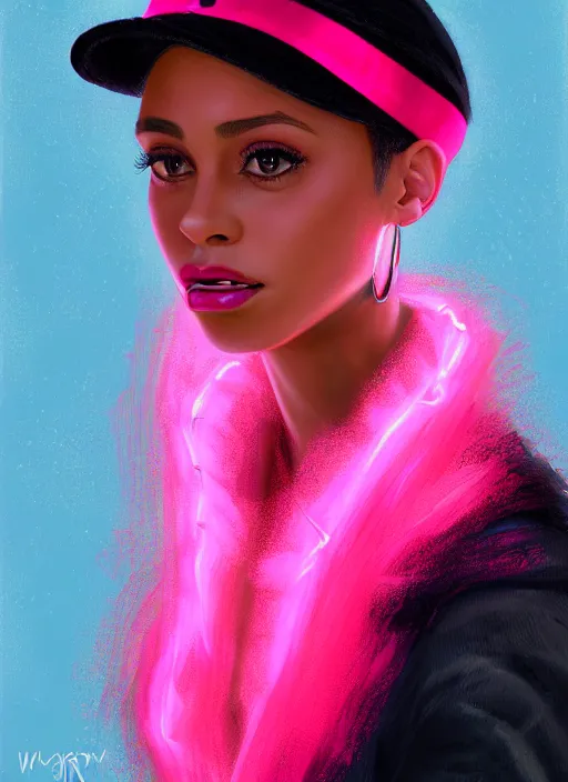 Image similar to portrait of young vanessa morgan with bright pink hair, black girl, vanessa morgan, curly pixie cut hair, wearing newsboy cap, newsboy cap, hoop earrings, intricate, elegant, glowing lights, highly detailed, digital painting, artstation, concept art, smooth, sharp focus, illustration, art by wlop, mars ravelo and greg rutkowski